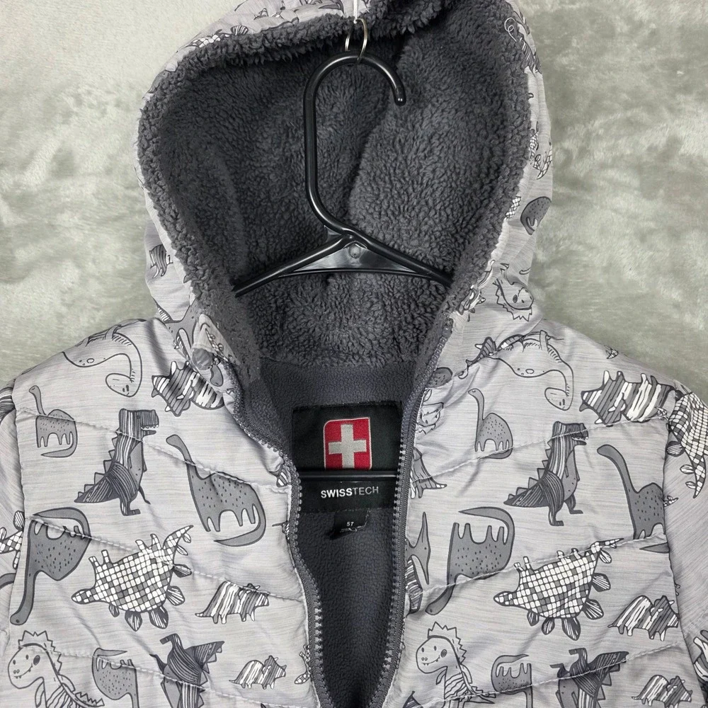 Kids SwissTech Dinosaur Puffer Jacket Hooded‎ Sherpa Lined Gray 5T